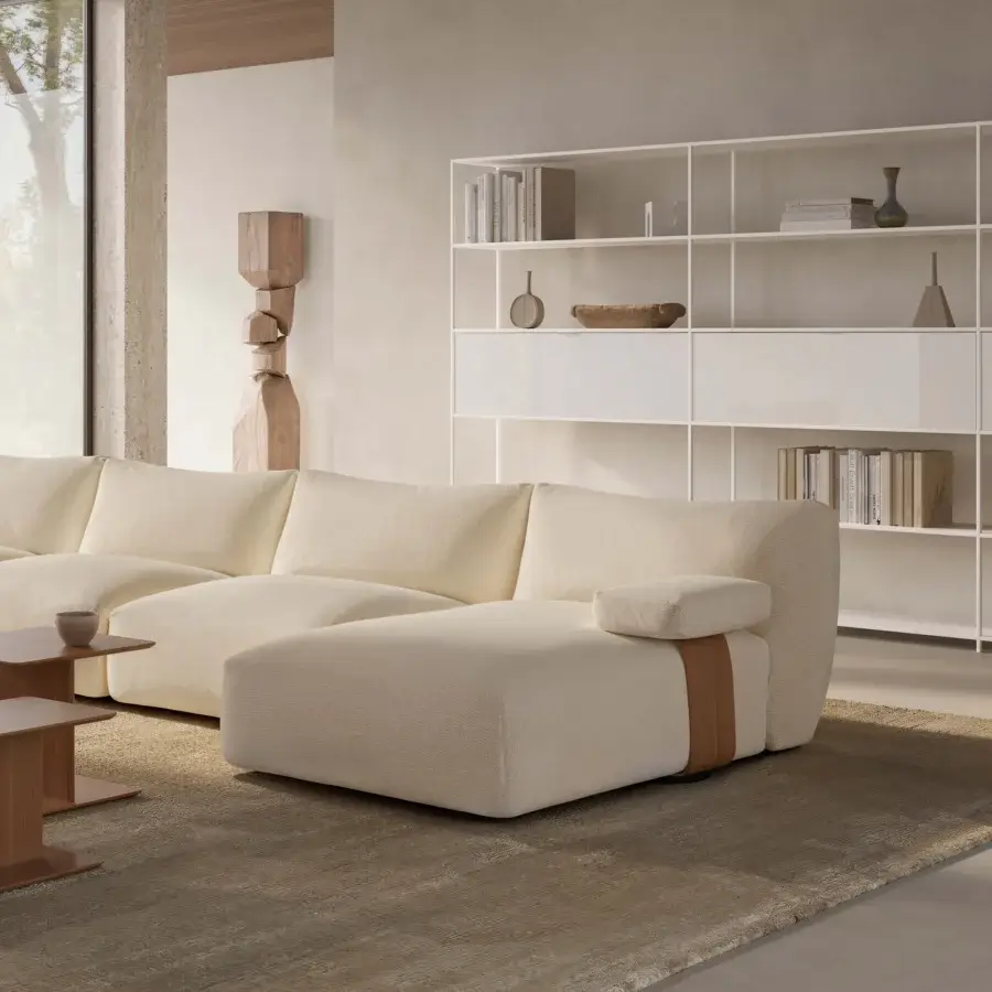 Elegant MDF Italia Goom sectional with textured neutral beige textile and satin-finish wood bands built with a disassemblable wooden structure
