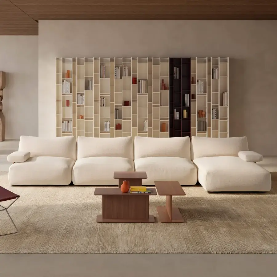 Distinguished MDF Italia Goom sectional with light beige textile upholstery and rounded sculptural form built for comfortable relaxation