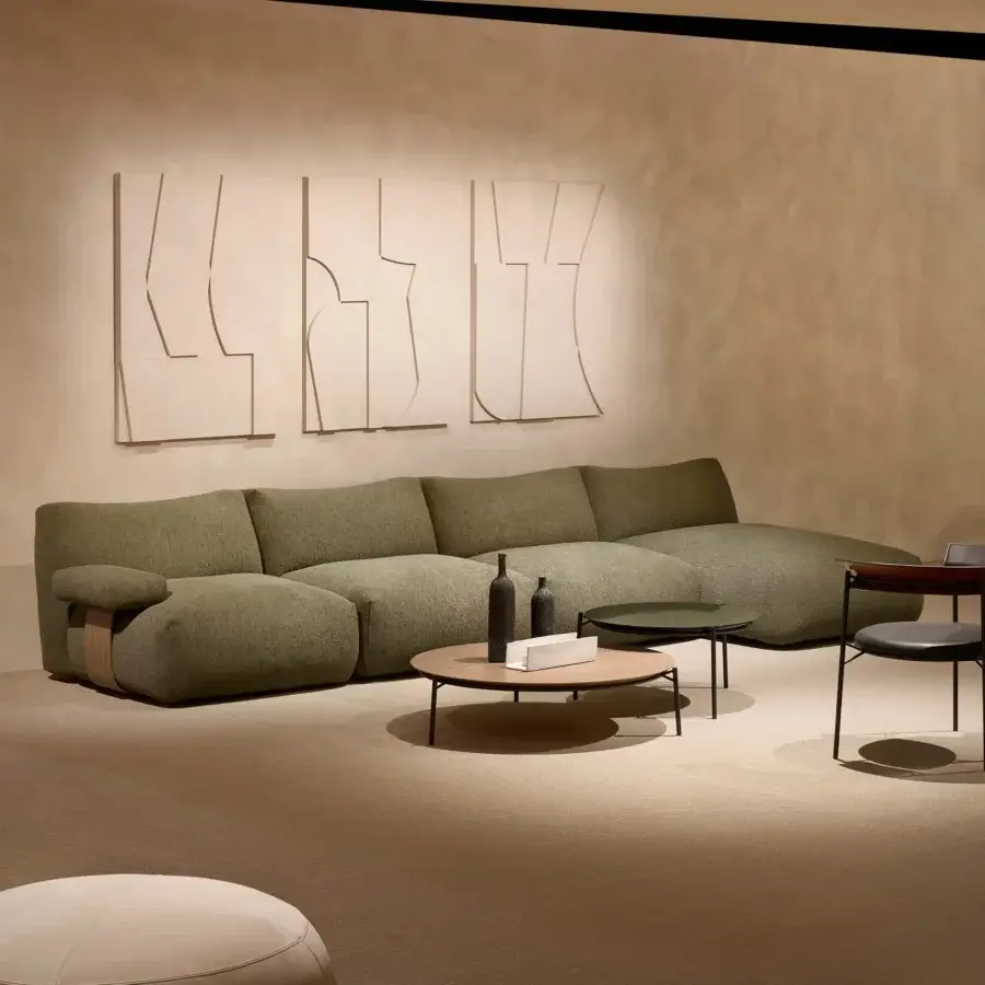 Exclusive MDF Italia Goom sectional sofa with olive green textured textile upholstery and uniquely cushioned edges