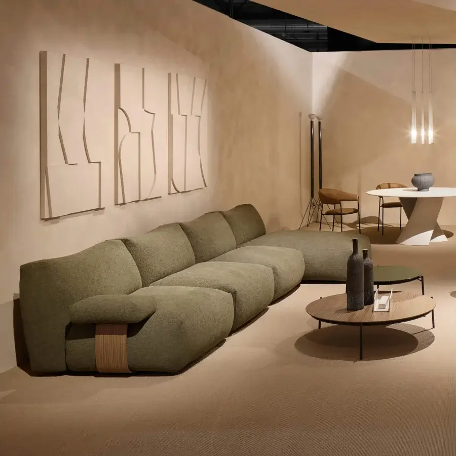 Distinguished MDF Italia Goom sectional sofa with muted olive green textured textile upholstery and visible wood grain base