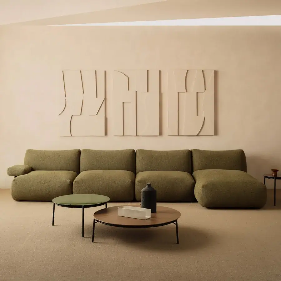 Exclusive MDF Italia Goom sectional sofa with olive green textured woven fabric upholstery and sculpted form