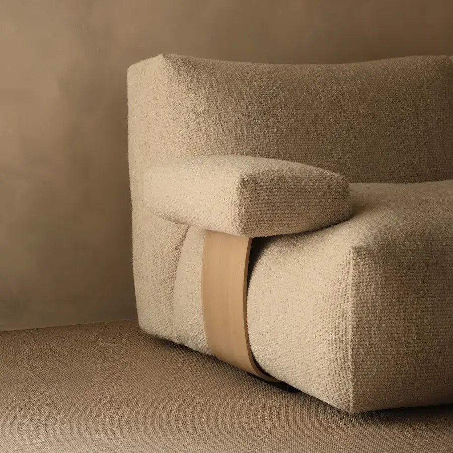 Remarkable MDF Italia Goom sectional sofa with warm neutral beige textile upholstery and light-colored wooden band detail