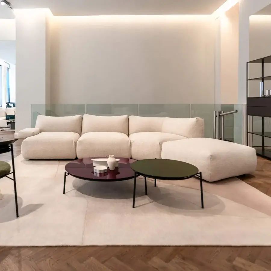 Distinguished MDF Italia Goom sectional with rounded edges, crafted in creamy beige woven fabric for total comfort