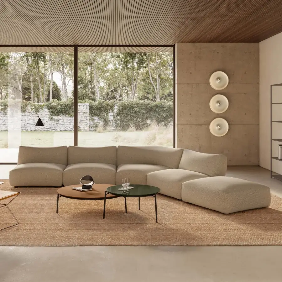 Superior MDF Italia Goom sectional with sculpted form, upholstered in textured matte beige textile and wooden structure