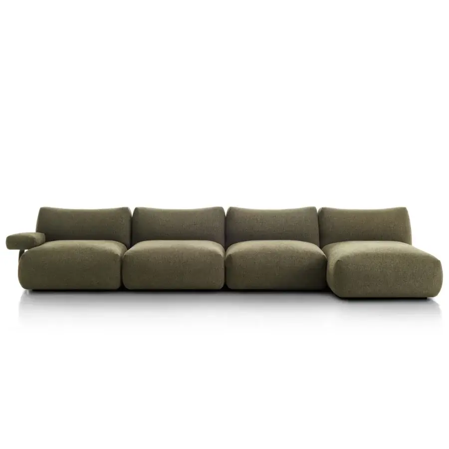 Elegant MDF Italia Goom sectional with sculpted form, upholstered in textured matte olive green textile and wooden structure