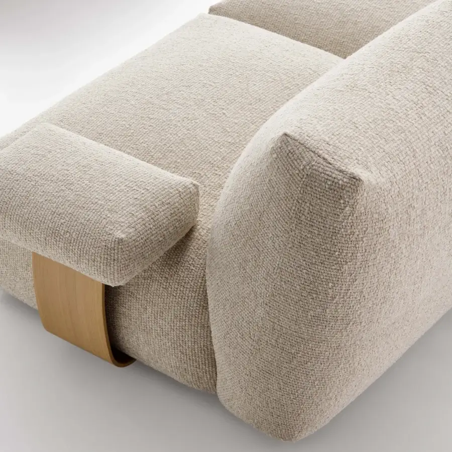 Elegant MDF Italia Goom sectional upholstered in textured neutral beige textile with satin finished curved wooden supports