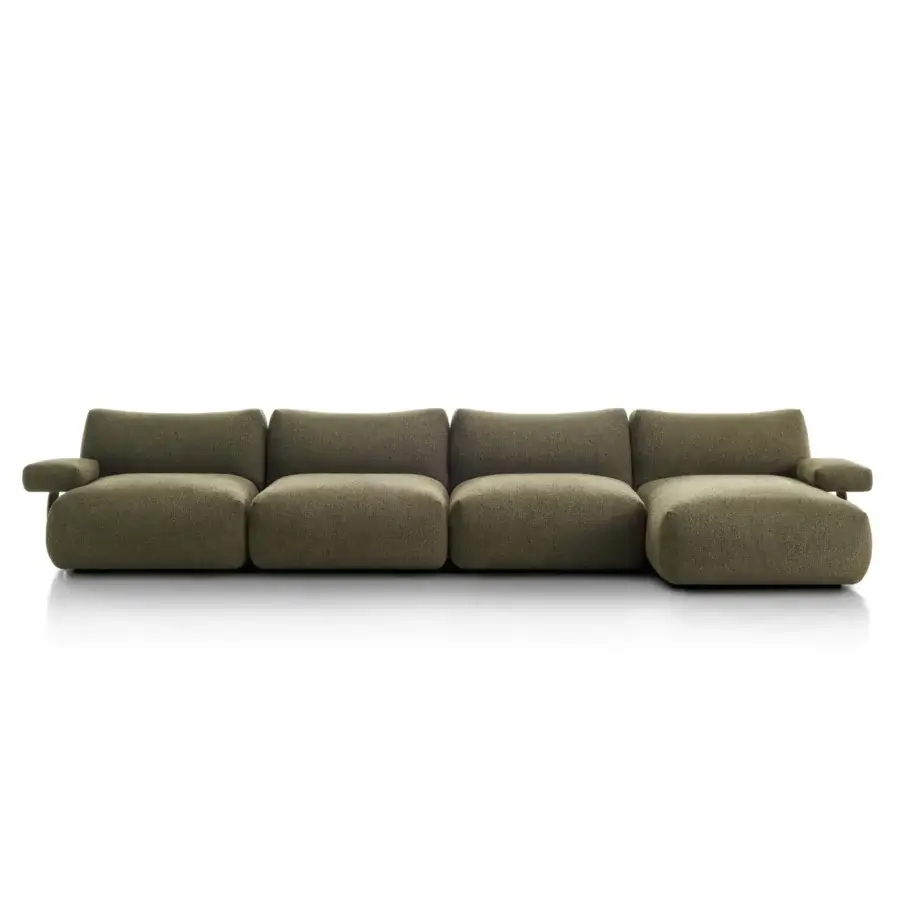 Distinguished MDF Italia Goom sectional with sculpted volume and softly curved lines in matte olive green woven fabric