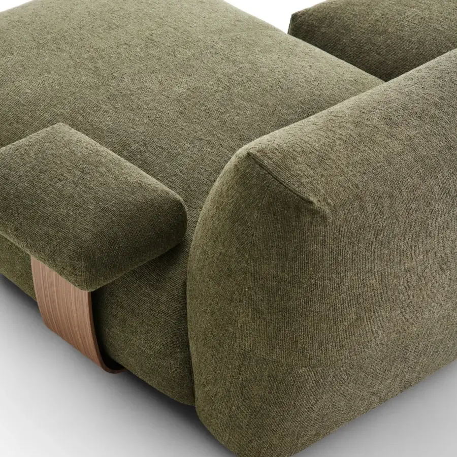 Superior MDF Italia Goom sectional crafted with textured olive green textile upholstery and satin-finish light brown wood base
