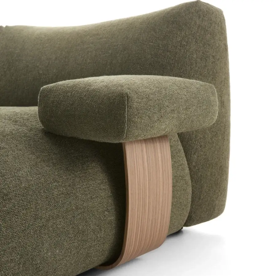 Exceptional MDF Italia Goom sectional with gently curved form and textured muted olive green textile upholstery built with layered wood