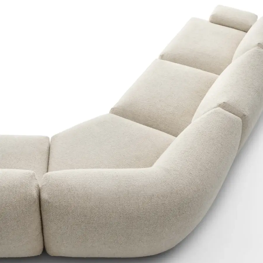 Distinguished MDF Italia Goom sectional with a low profile and gently rounded form upholstered in textured light beige textile with matte finish