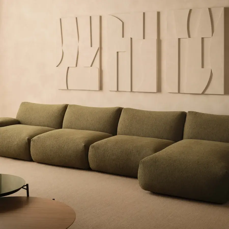 Exceptional MDF Italia Goom sectional upholstered in textured woven fabric with a curved olive green silhouette and wooden construction