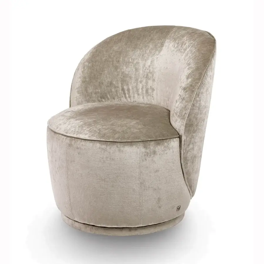 Sumptuous Sicis Celebrity lounge chair in warm beige textile with a swiveling metal base and wood structure