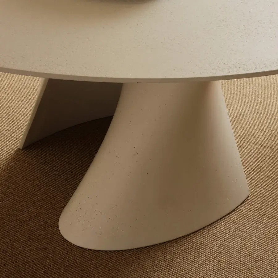 Superior MDF Italia S table crafted in white concrete with a tactile matte finish and transparent glass top