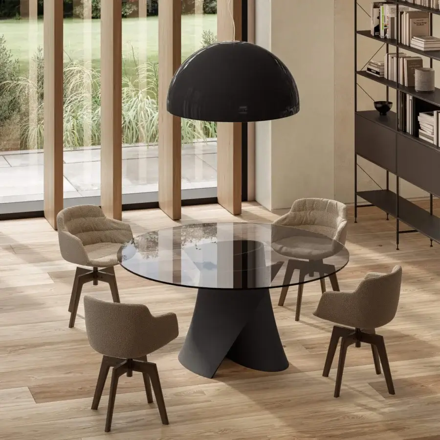 Distinguished MDF Italia S table crafted in white concrete with a transparent extra-clear glass tabletop and matte finish