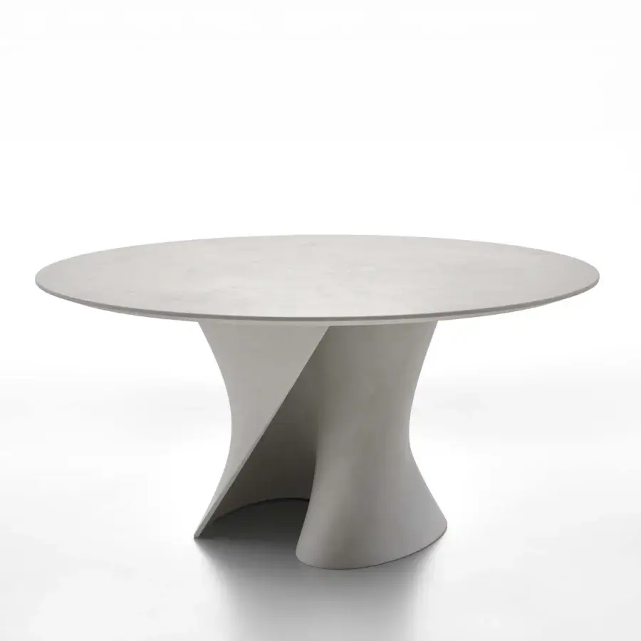 Distinguished MDF Italia S table crafted in white concrete with a tactile matte finish and transparent glass top