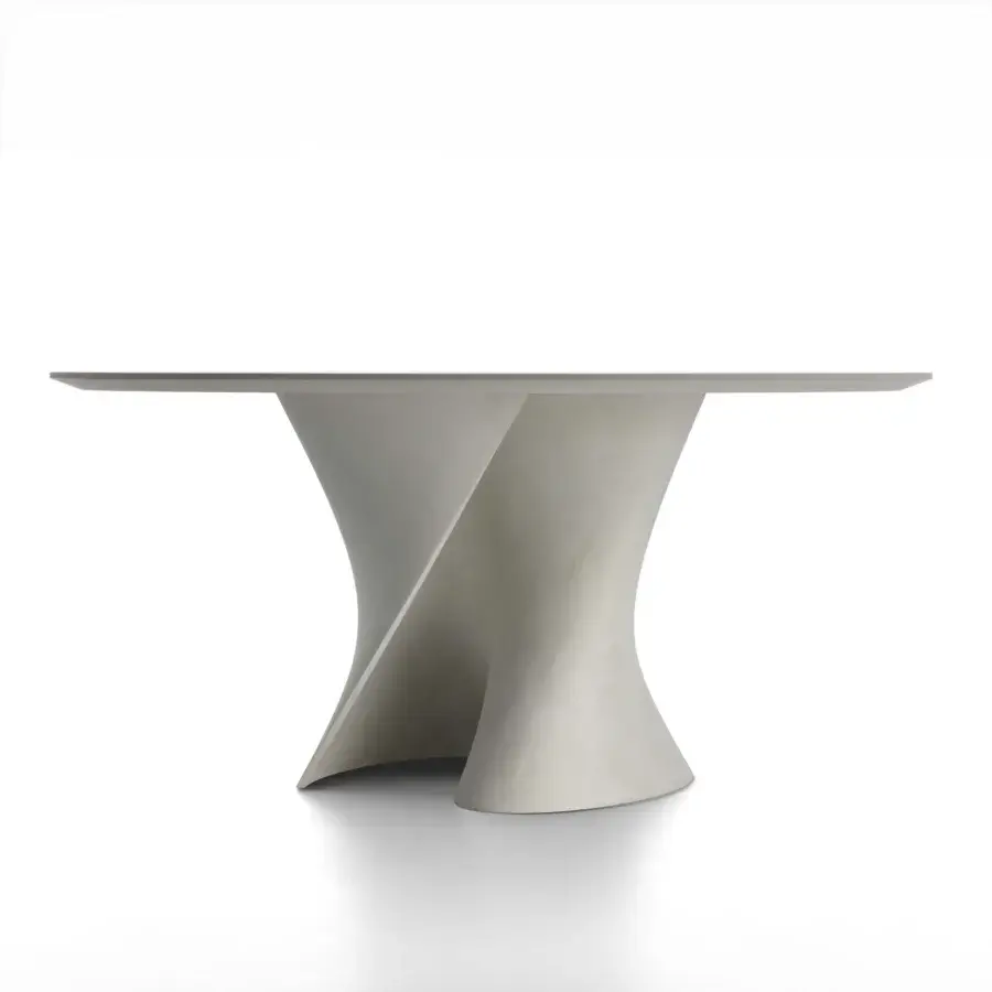Captivating MDF Italia S table crafted in white concrete with a tactile matte finish and clear glass tabletop