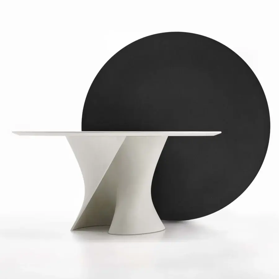 Distinctive MDF Italia S table crafted in white concrete with a matte finish and transparent extra-clear glass tabletop