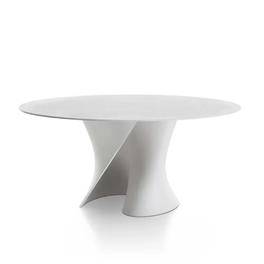 Superior MDF Italia S table crafted in white concrete with a transparent extra-clear glass top and tactile matte finish