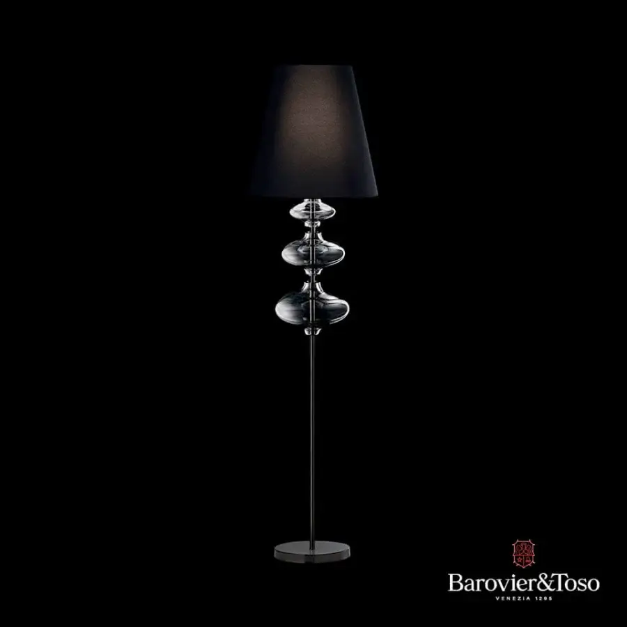 Elegant Barovier&Toso Eva floor lamp crafted in dark-toned metal with clear glass-like elements and a matte black lampshade