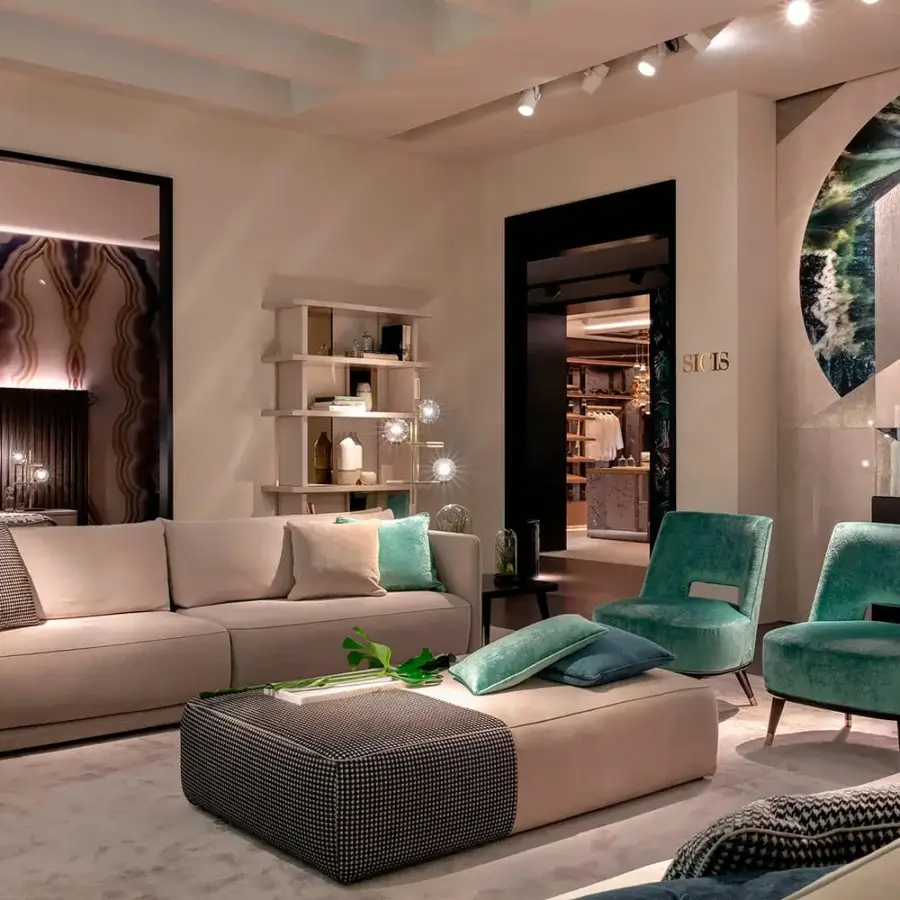 Superior Sicis Liam lounge chair with luxury teal upholstery and elegantly tapered wooden legs with lacquered finish