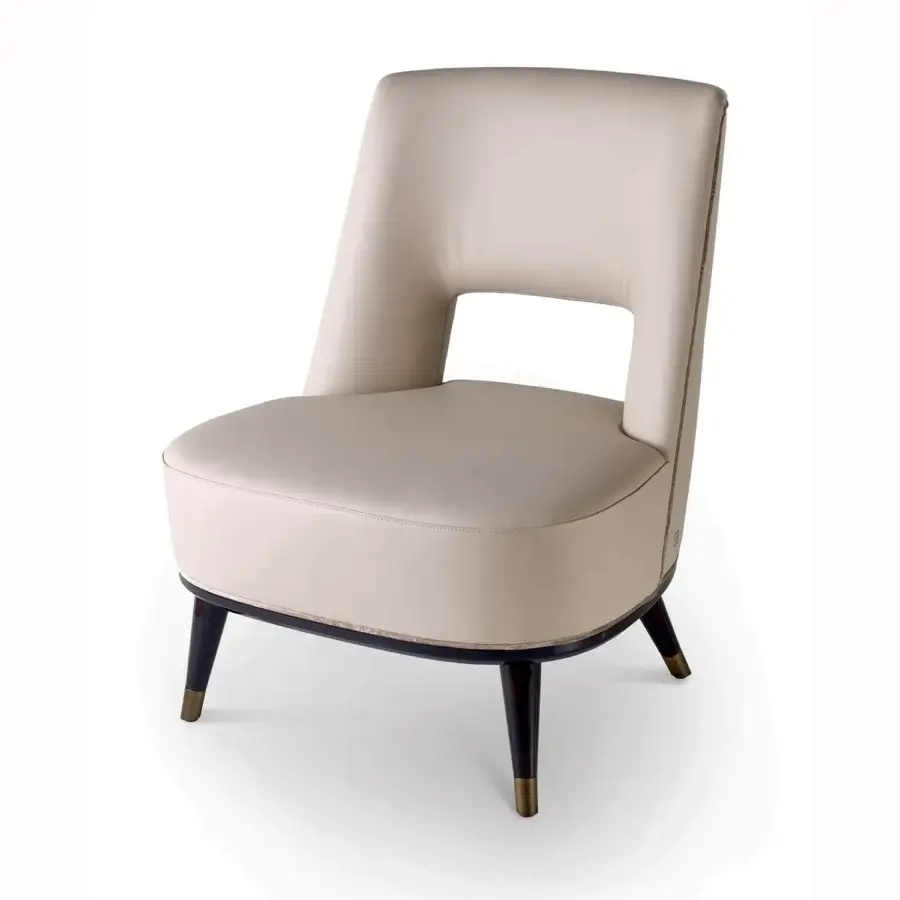 Distinguished Sicis Liam lounge chair with neutral beige upholstery and elegantly angled lacquered wood legs
