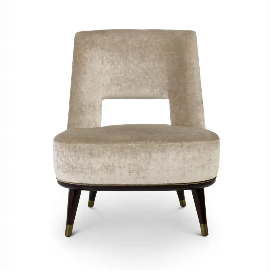 Exceptional Sicis Liam lounge chair with plush taupe upholstery and lacquered solid wood construction