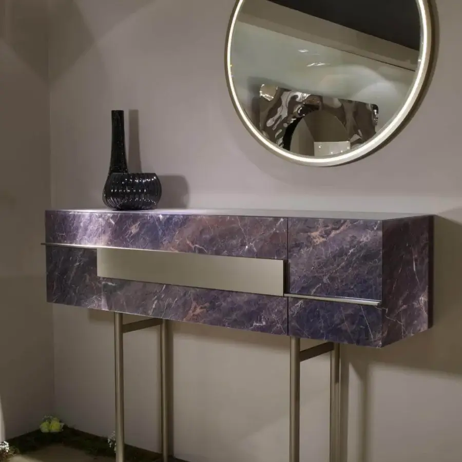 Exceptional Reflex Musa sideboard with purple marble glass and a bronze finished metal base crafted with a horizontal brushed metal band