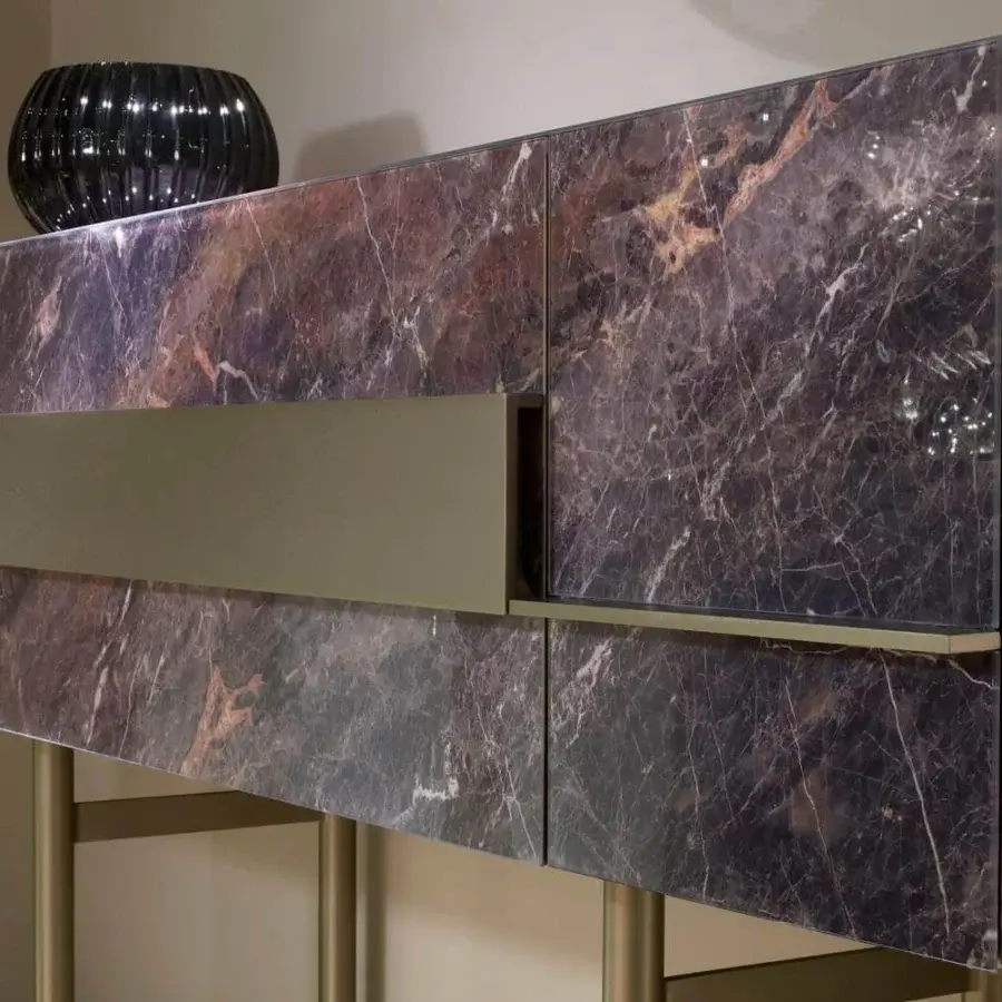 Superior Reflex Musa sideboard with brown marble glass and a bronze finished metal base and handle detail