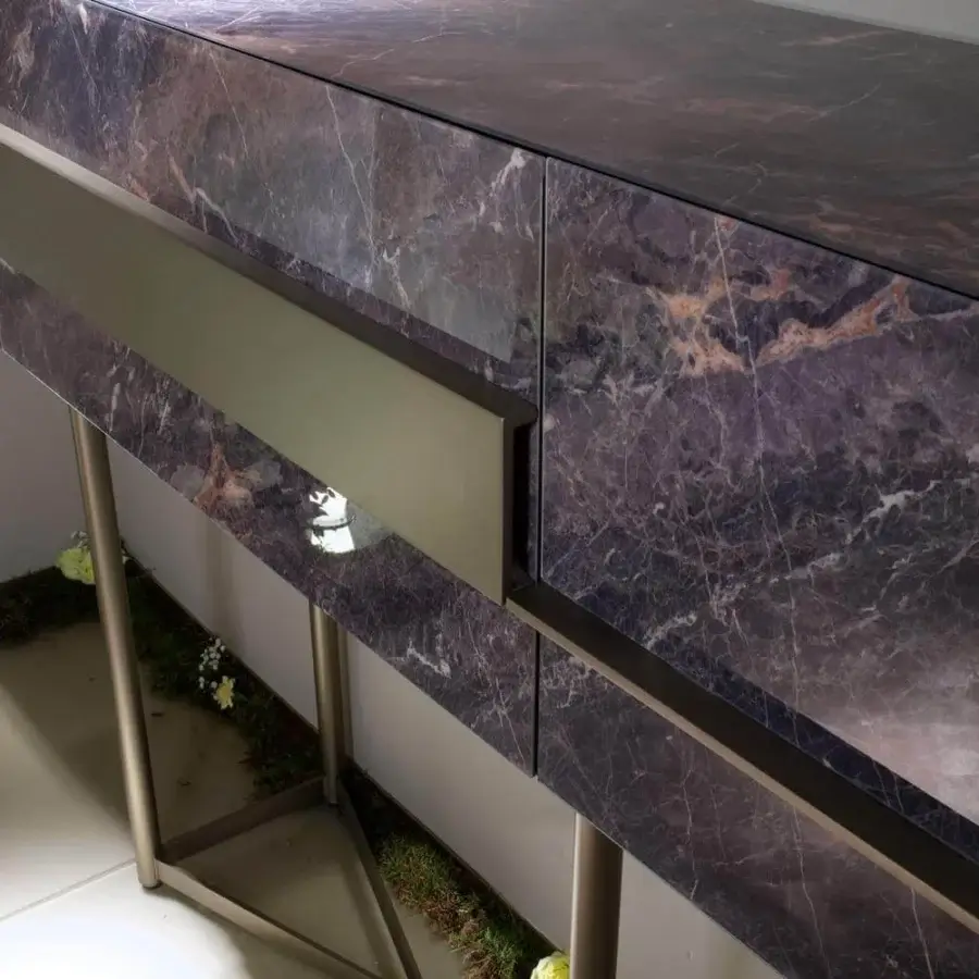 Lavish Reflex Musa sideboard with dark purple marble glass and a bronze finished metal base