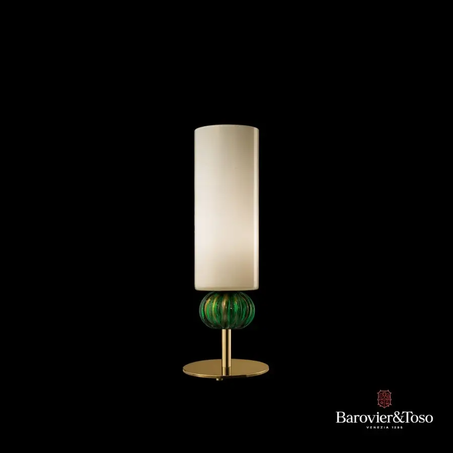 Elegant Barovier&Toso Gallia table lamp with beige speckled-gold fabric shade and swirling green glass detail crafted in polished golden metal