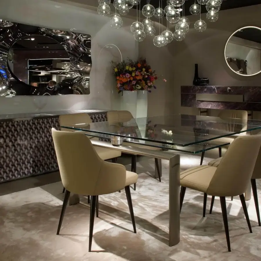 Exclusive Reflex Musa sideboard with a geometric facade in Marble glass and a bronze finished metal base