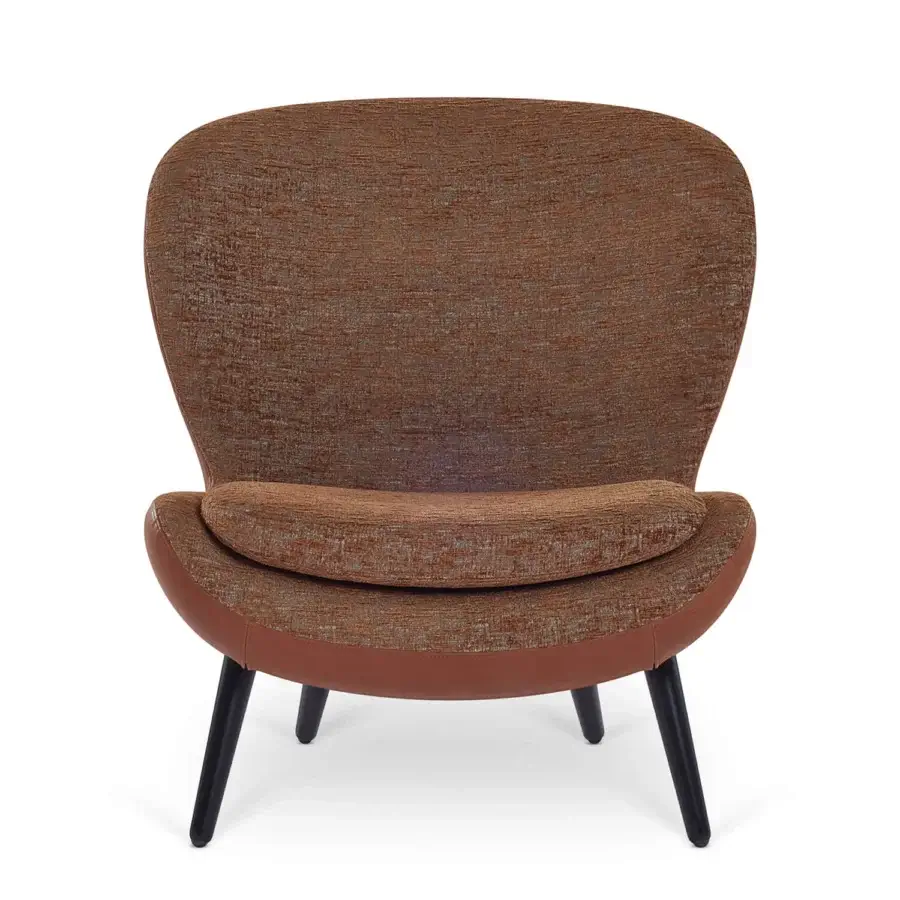 Exceptional Sicis Niels lounge chair with warm brown textile upholstery and sleek satin-finish wood legs