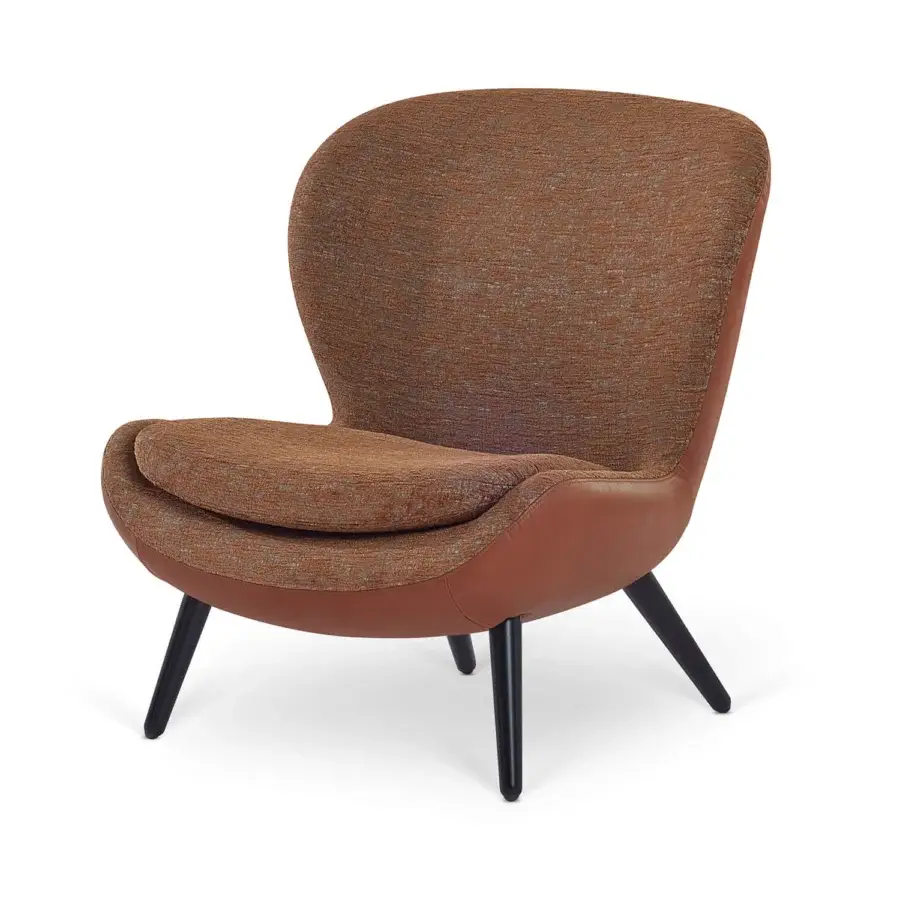 Lavish Sicis Niels lounge chair with reddish-brown leather and textured textile upholstery, built with dark matte metal legs
