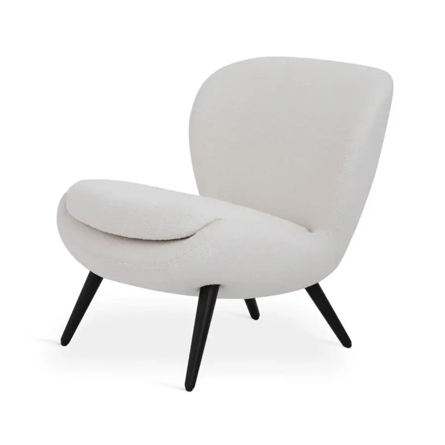 Exceptional Sicis Niels lounge chair upholstered in textured off-white boucle with angled dark-toned wood legs