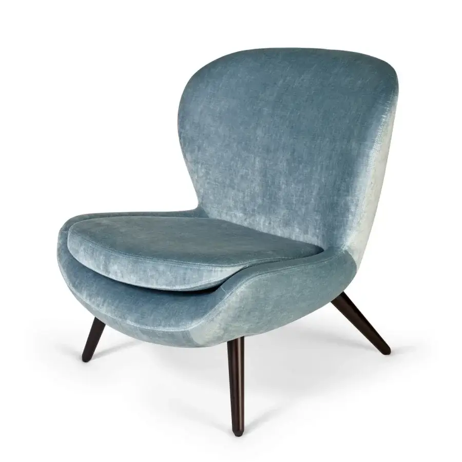 Superior Sicis Niels lounge chair with polyurethane foam and fiberfill upholstery in dusty blue textile with matte finish and tapered wood legs