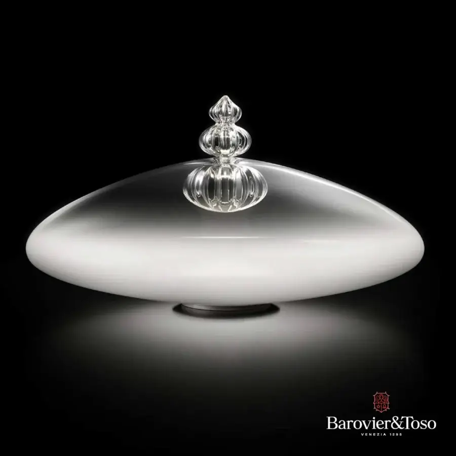 Distinguished Barovier&Toso Padma table lamp with translucent glass, pale white gradients and intricate Murano ribbing crafted into a flowing silhouette
