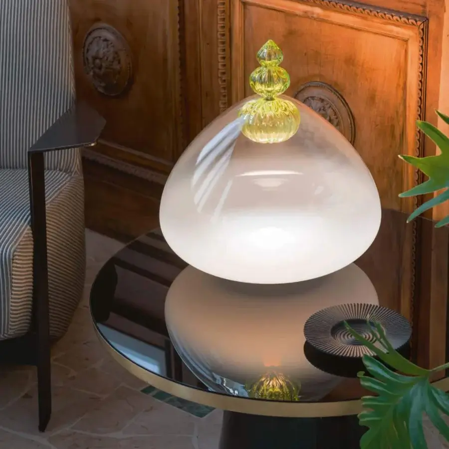 Distinguished Barovier&Toso Padma table lamp with translucent white glass and pale yellow-green ribbed accents, exhibiting a smooth glowing finish