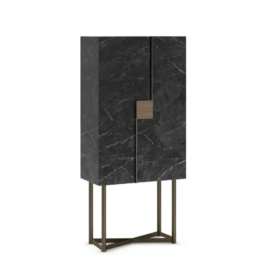 Exceptional Reflex Musa cupboard with wood built in unique Marble glass and satin-finished wooden strip with bronze finish metal base