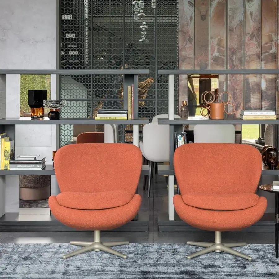 Exceptional Sicis Niels swivel lounge chair with reddish-orange textured upholstery and sleek metal base