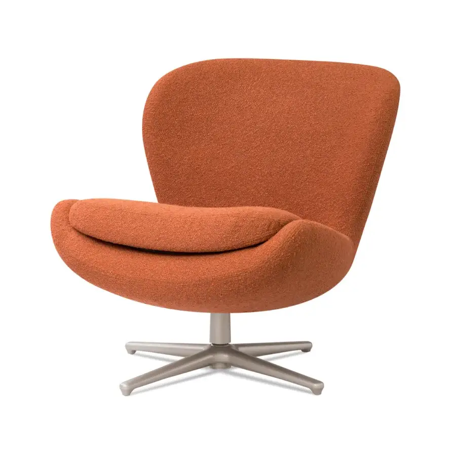 Superior Sicis Niels swivel lounge chair with reddish-brown textured textile upholstery and satin metal base