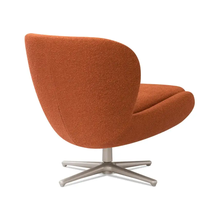 Elegant Sicis Niels swivel lounge chair with warm orange textured textile upholstery and satin metal base
