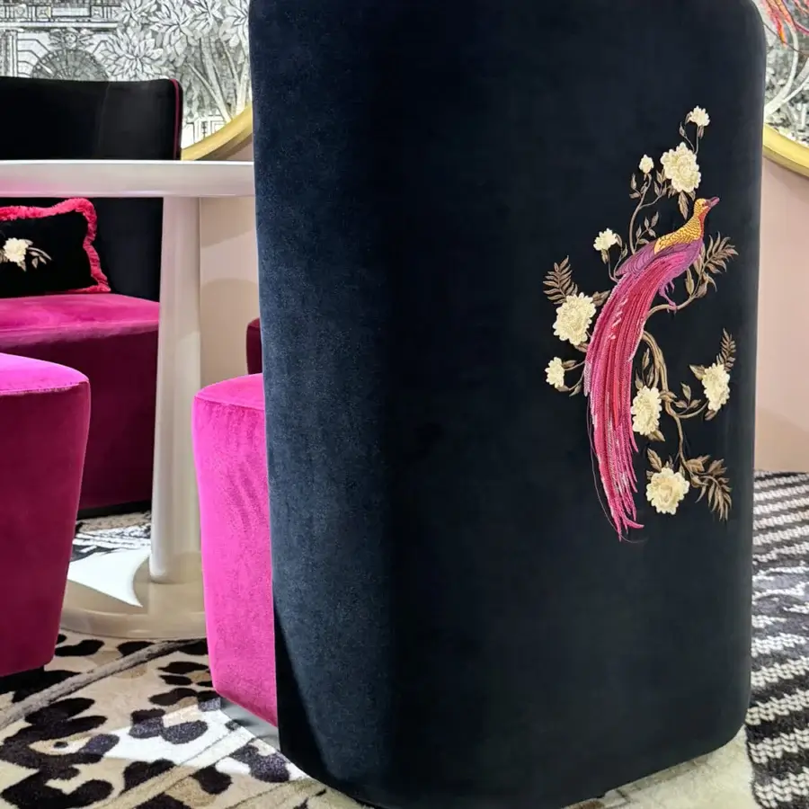 Exceptional Sicis Paradise armchair with plush ‘Edward Black’ velvet and vibrant ‘Edward Orchid’ fabric, crafted with hand-embroidered detailing