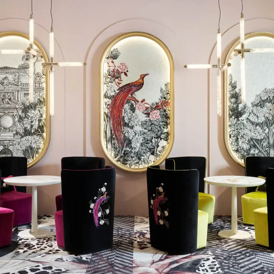 Lavish Sicis Paradise armchair with textured matte velvet, floral embroidery in ‘Edward Orchid’ and ‘Edward Black’ hues crafted in Italy