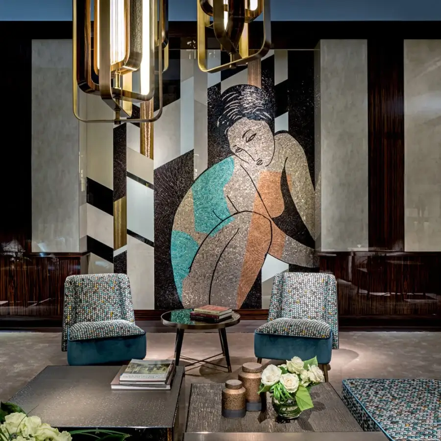 Elegant Sicis Peggy lounge chair with textured blue, brown, and beige textile upholstery and sleek metal legs