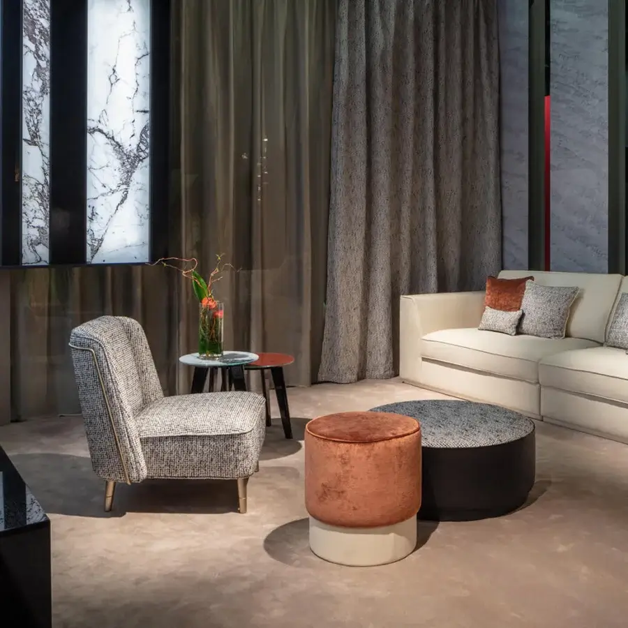 Superior Sicis Peggy lounge chair with gray-beige textile upholstery and satin finished wood frame