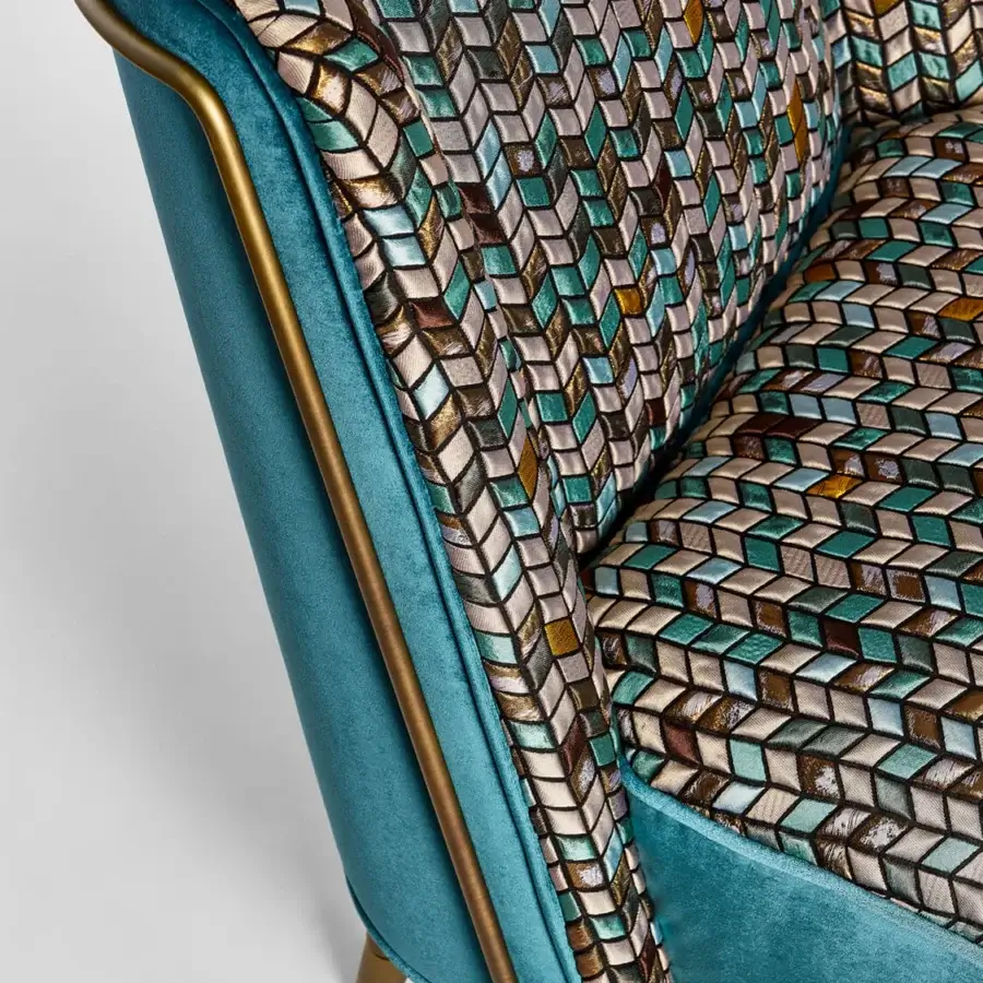 Exceptional Sicis Peggy lounge chair with sumptuous teal blue velvet upholstery and satin gold-tone metal frame