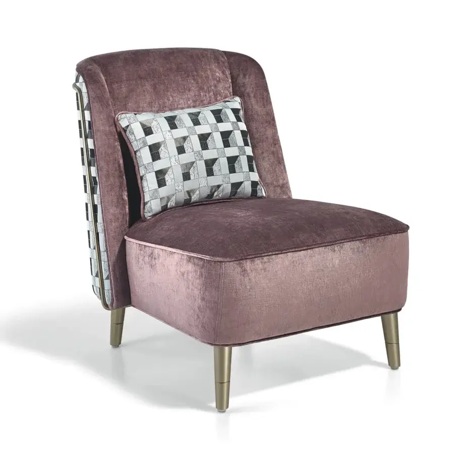 Superior Sicis Peggy lounge chair with plush muted rose textile upholstery and polished brass-toned metal accents