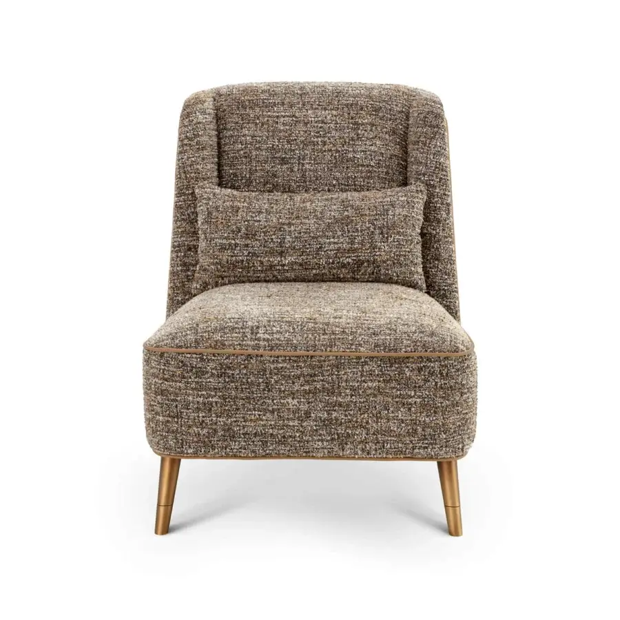 Sophisticated Sicis Peggy lounge chair with earthy brown textile upholstery and sleek golden tone metal legs