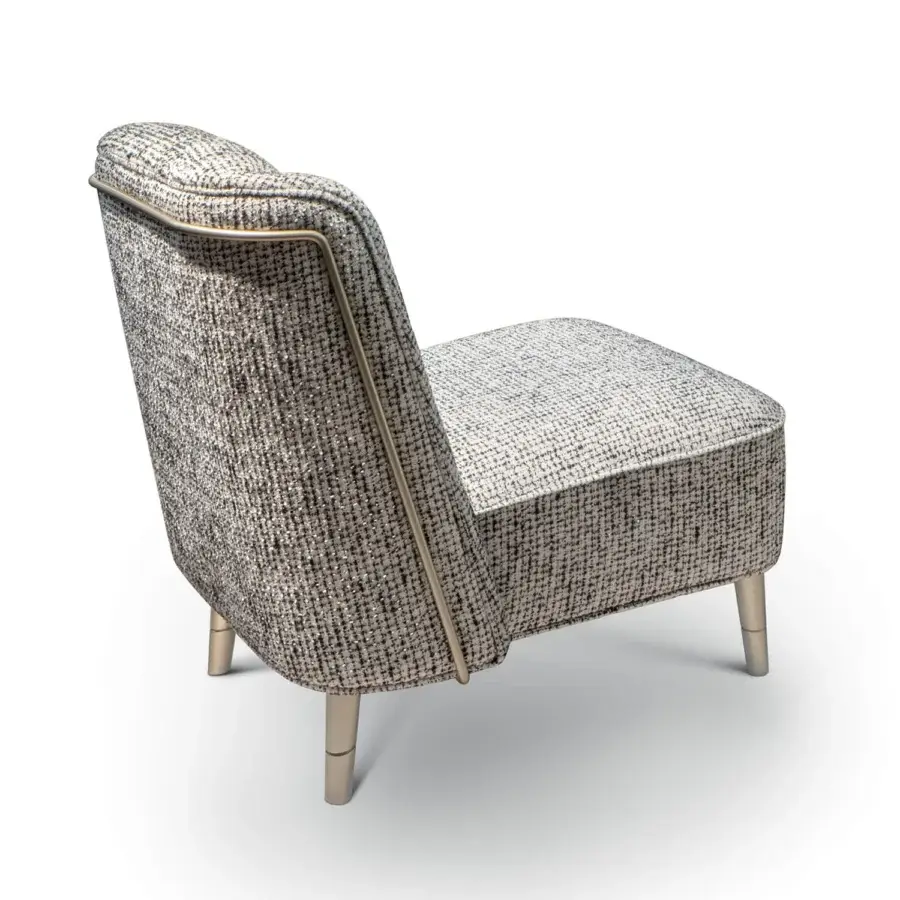 Exceptional Sicis Peggy lounge chair with textured neutral gray textile upholstery and polished satin metal legs