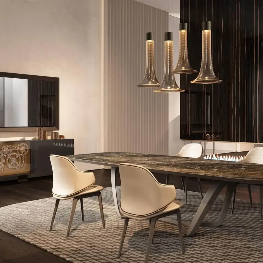 Exclusive Reflex Big Ben sideboard with glossy finish, metal legs in satin brass and visible working gears behind glass
